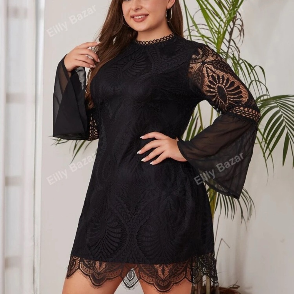 plus size black lace midi dress
